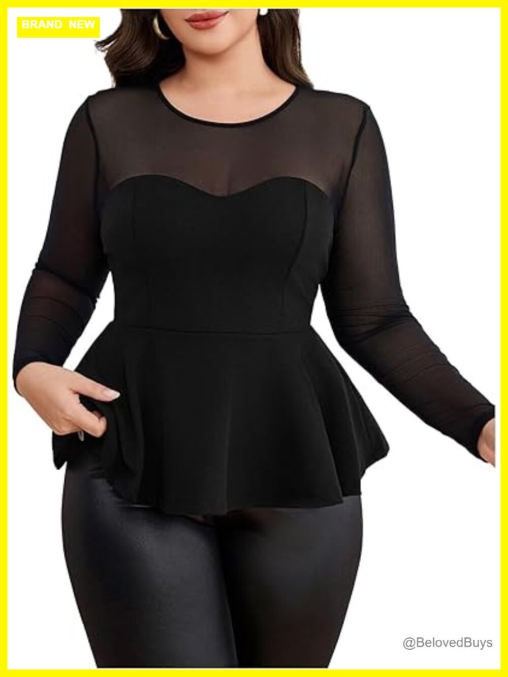 Plus Size Long Sleeve Mesh Peplum Ruffle Hem Slim Fitted Tee Shirt